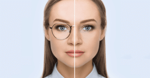 woman thinking about lasik comparing her face before and after glasses