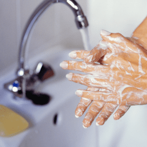 woman washes hands with soap in sink before putting contacts in eye