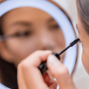 Woman applying mascara. Some makeup products, such as mascara, may contain harsh chemicals that cause irritation or damage